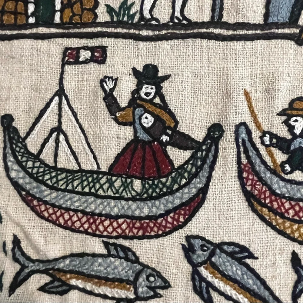 Peru Crewel Needlework Embroidered Wall Hanging Art Work Story Tapestry 35 x 21